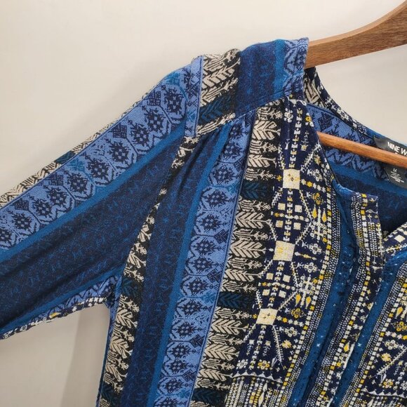 Nine West Womens Boho Lucy Tunic Top Blouse M Roll Tab Sleeve Half Button Blue - Picture 5 of 10